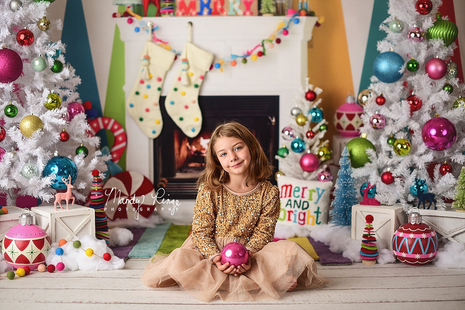 Kate Merry Christmas Bright Fireplace Backdrop Designed by Mandy Ringe Photography