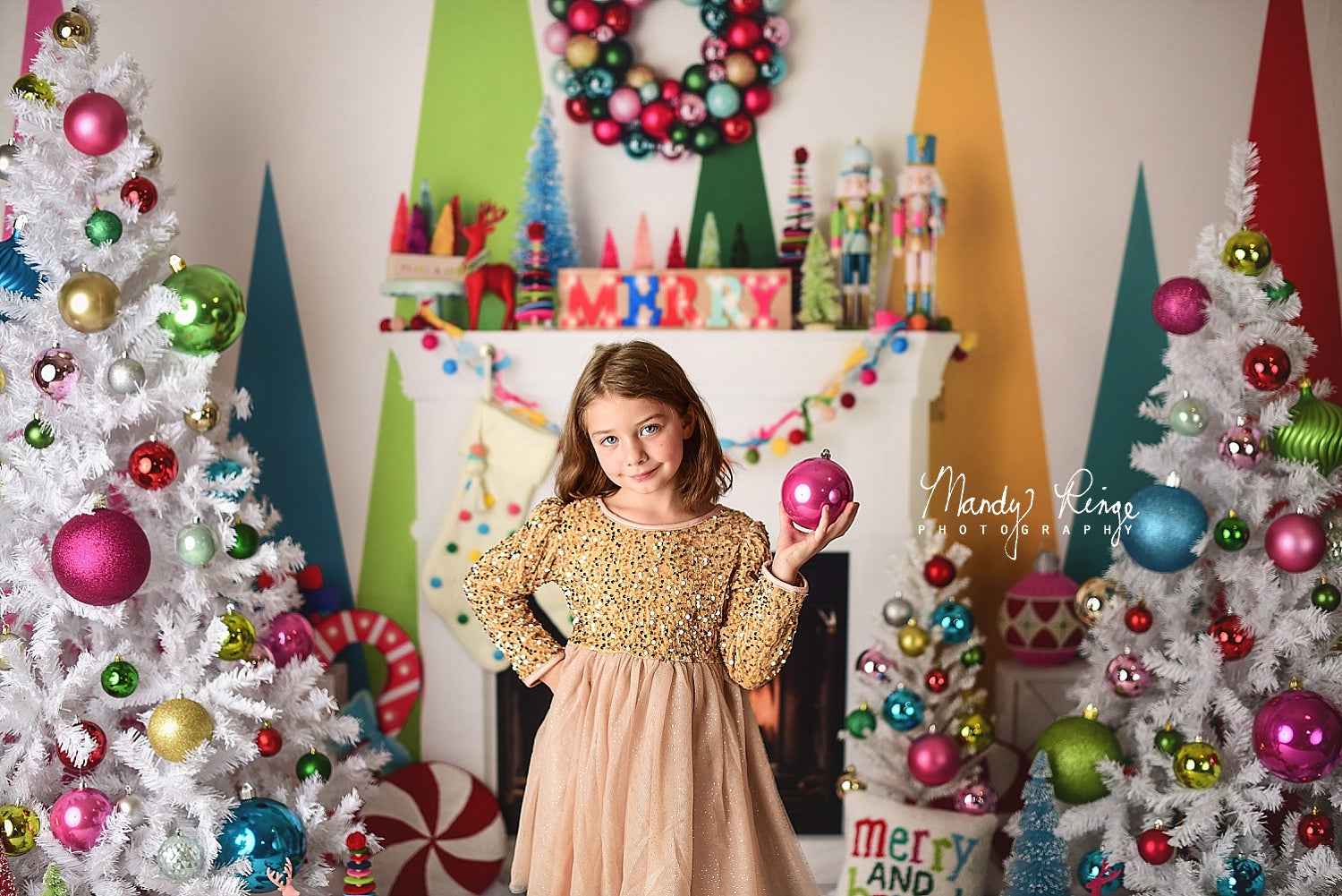 Kate Merry Christmas Bright Fireplace Backdrop Designed by Mandy Ringe Photography