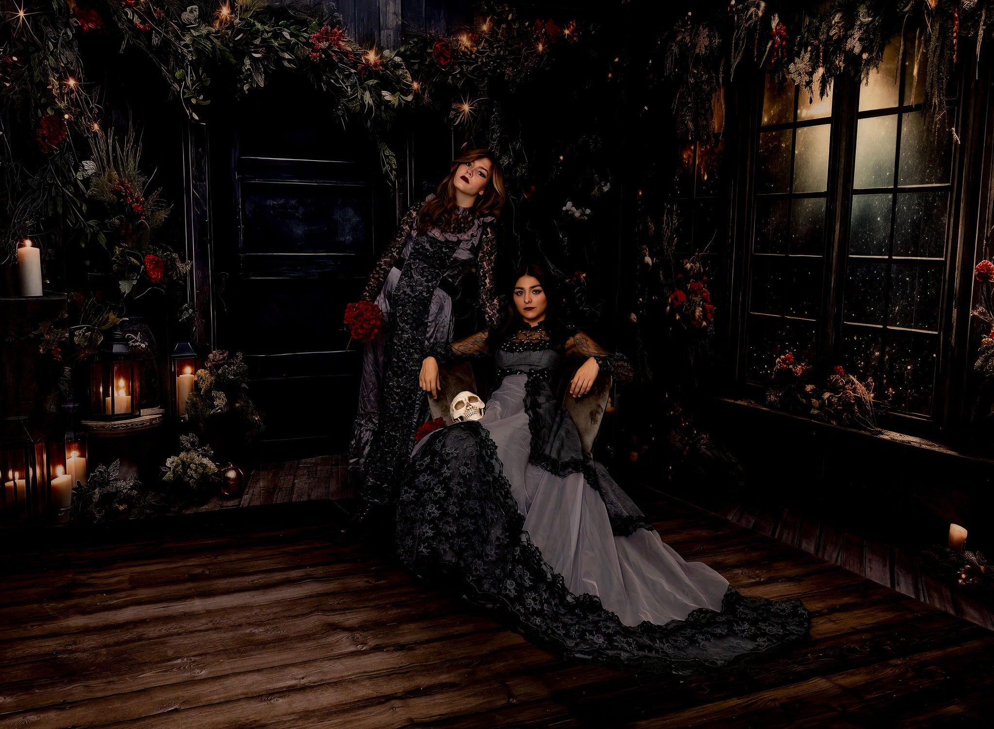 Kate Christmas Holly Window Black Wall Backdrop Designed by Angela Marie Photography -UK