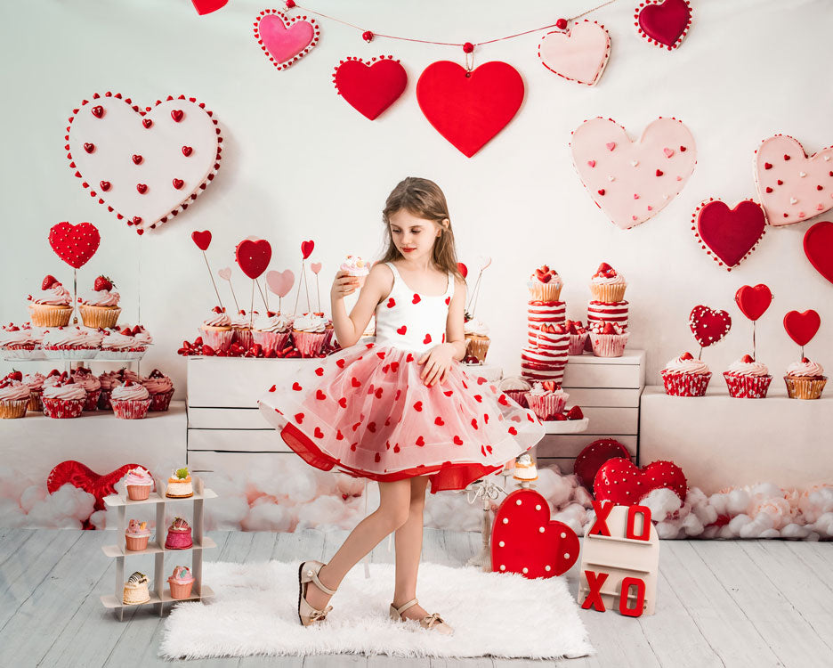 Kate Valentine Heart Dessert Cupcake Backdrop+White Gray Wood Floor Backdrop