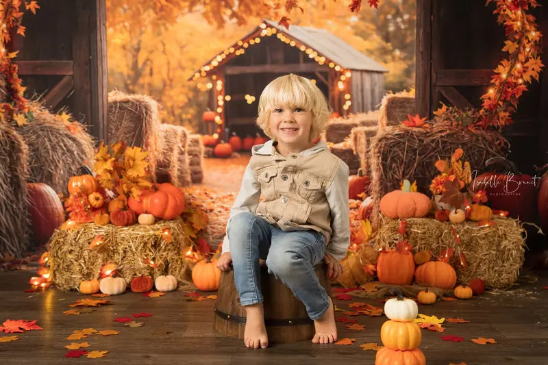 Kate Autumn Maple Leaf Barn Pumpkin Straw Backdrop Designed by Emetselch -UK