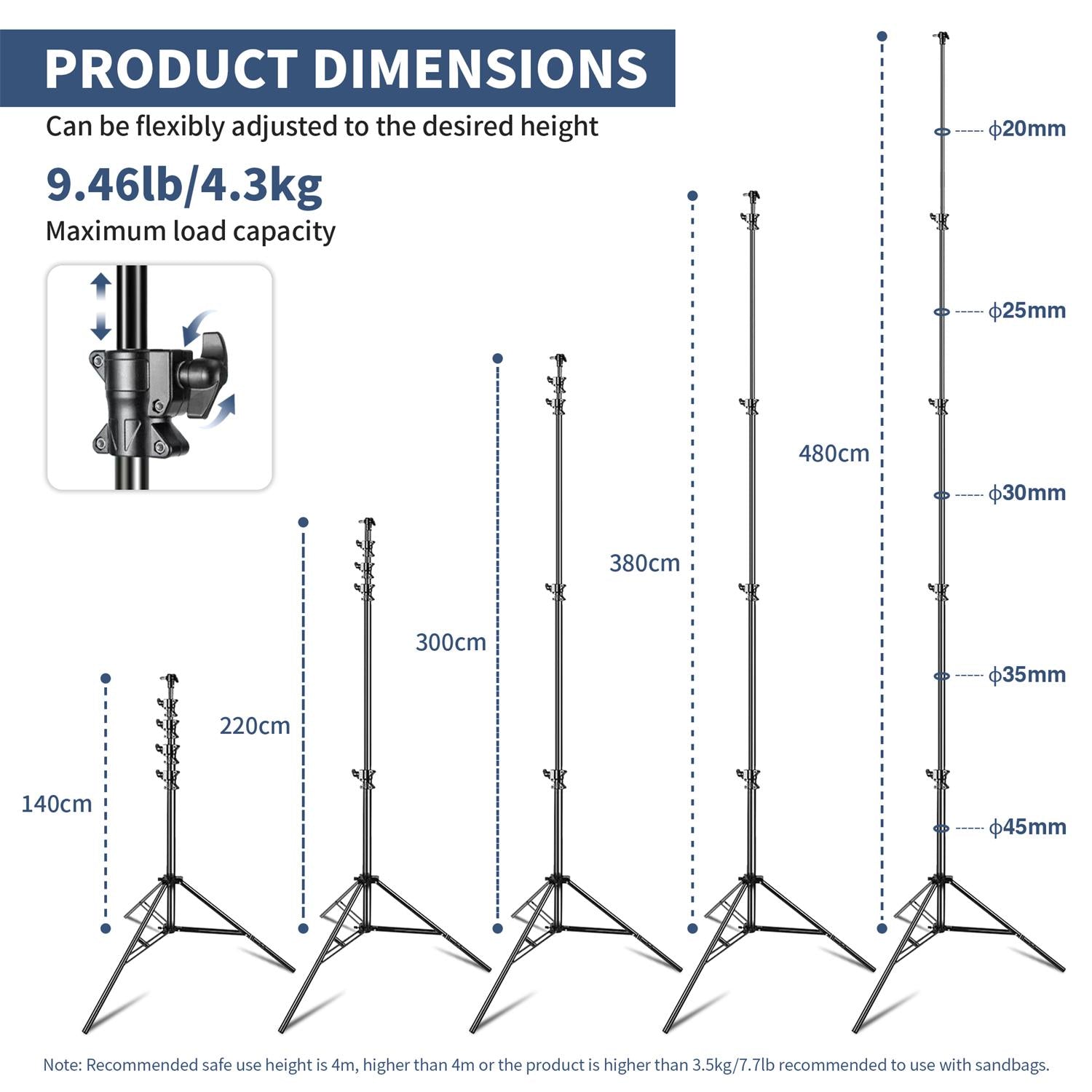 Kate Heavy Duty Light Stand Tripod - 15.7ft Air Cushioned Aluminum Alloy Lighting Stand with 2 Sandbags & 1/4"-3/8" Adapter 9.46lb Load for Photography
