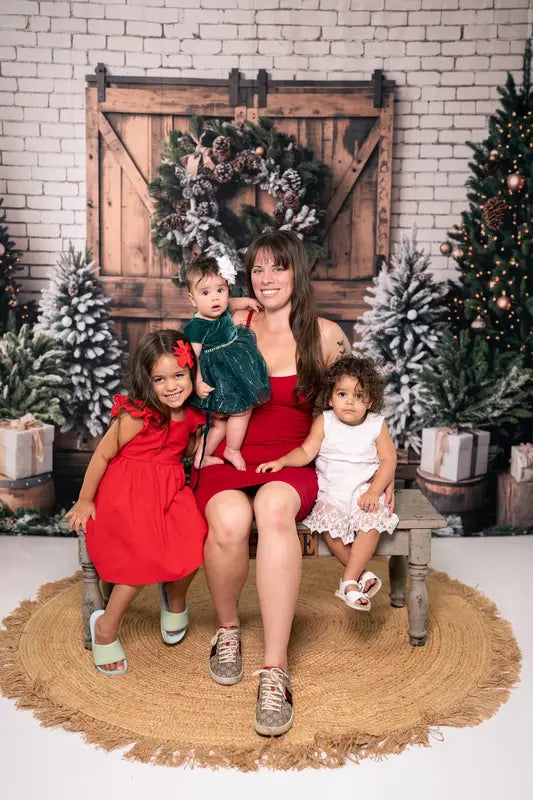 Kate Christmas Trees Brown Wooden Barn Door Backdrop Designed by Emetselch -UK