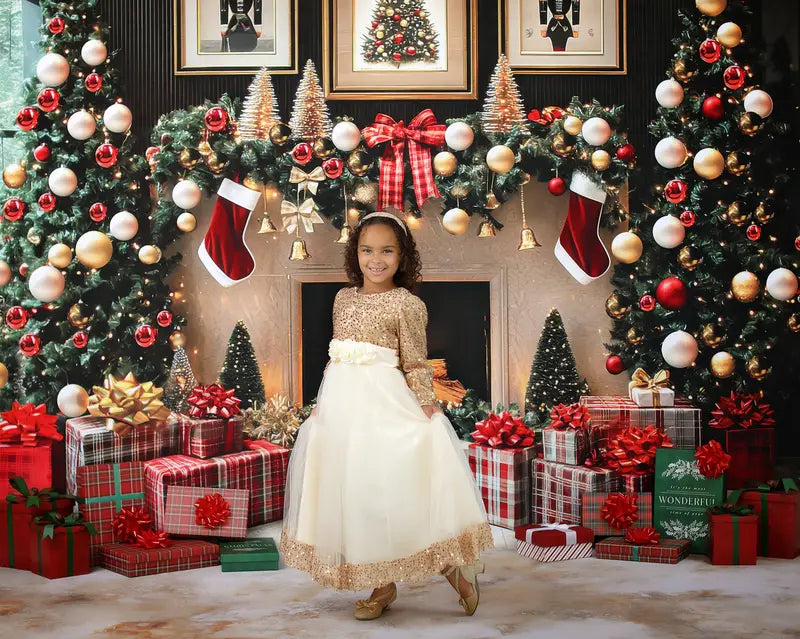 Kate Christmas Fireplace Tree Garland Gifts Backdrop Designed by Mini MakeBelieve -UK