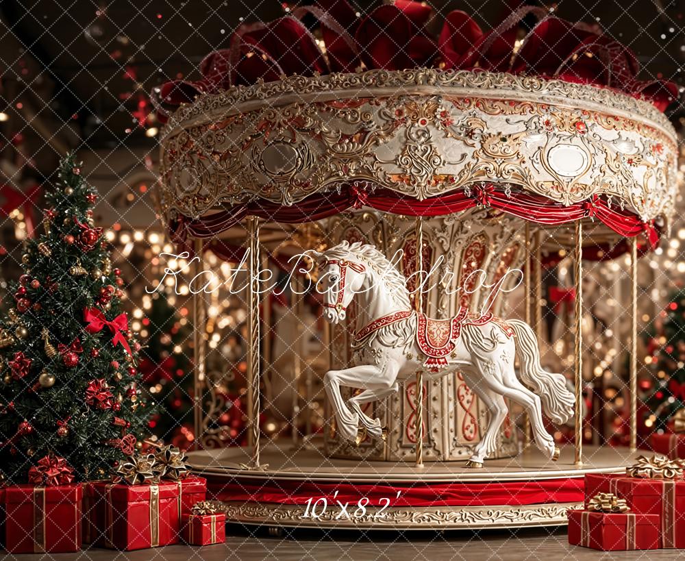 Kate Carousel Christmas Tree Red Gifts Backdrop Designed by Emetselch