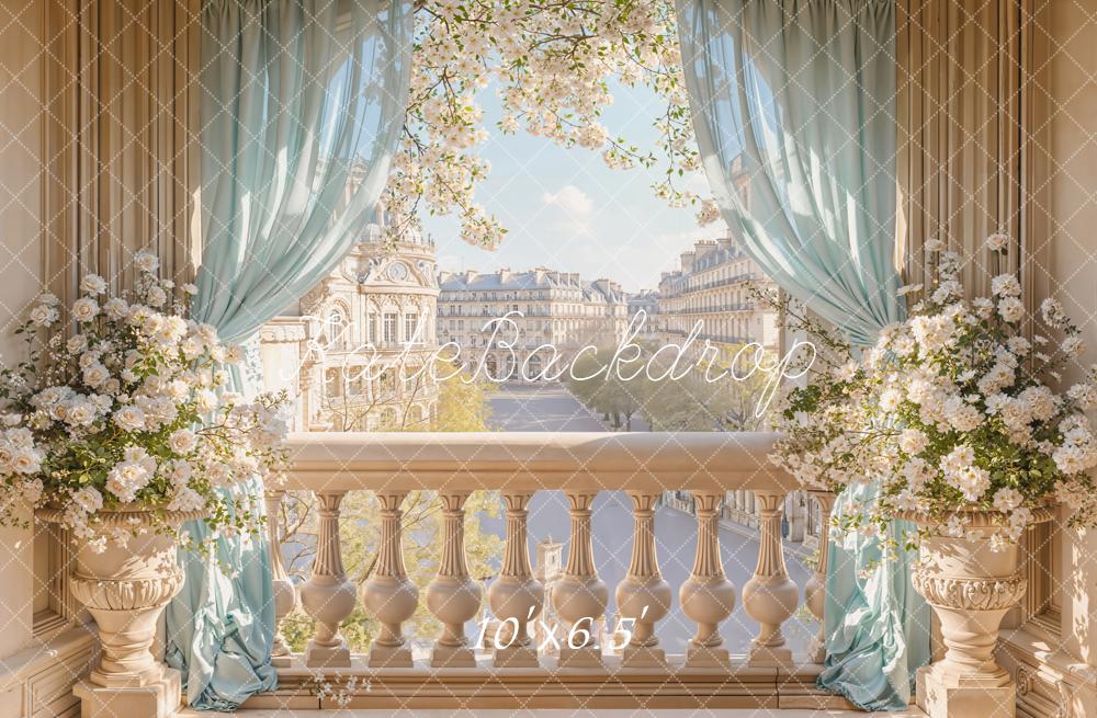 Kate Spring Balcony Cityscape Blue Curtains Backdrop Designed by Emetselch