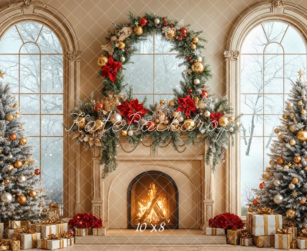 Kate Christmas Fireplace Garland Trees Fleece Backdrop Designed by Emetselch