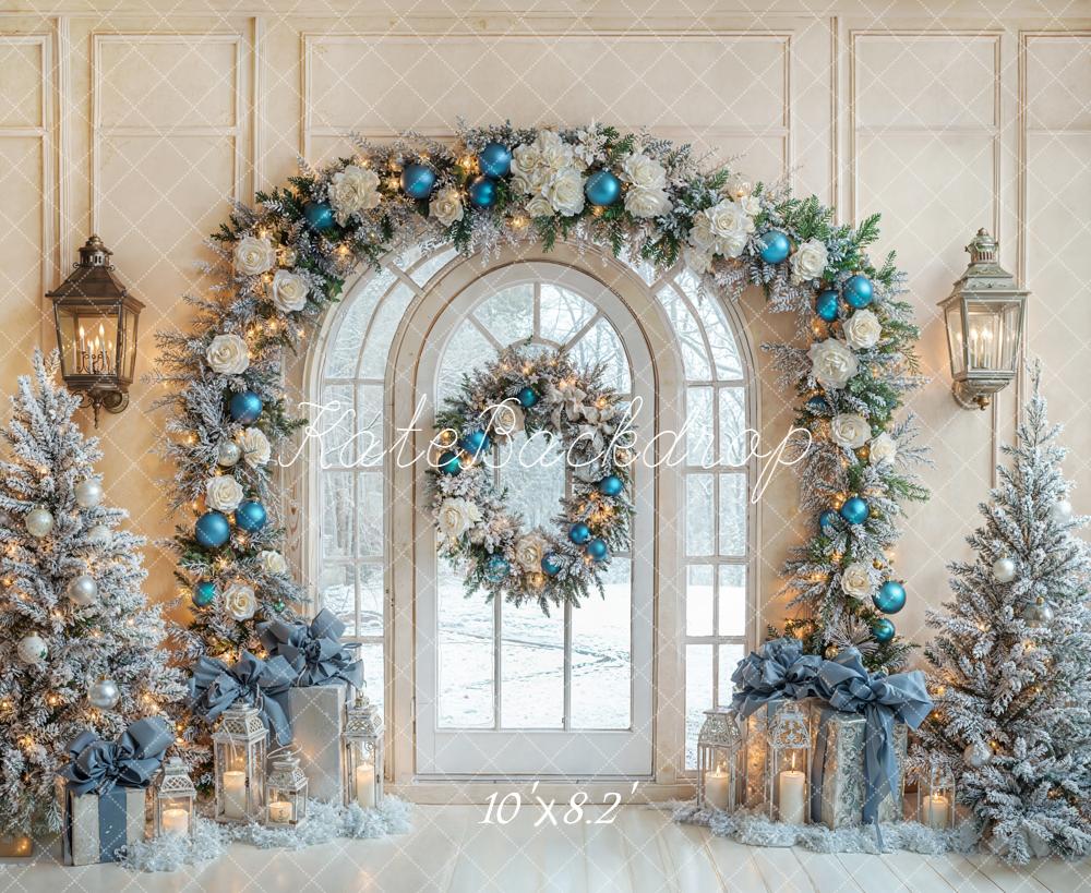 Kate Christmas Arch Window Trees Blue Ornaments Backdrop Designed by Emetselch -UK