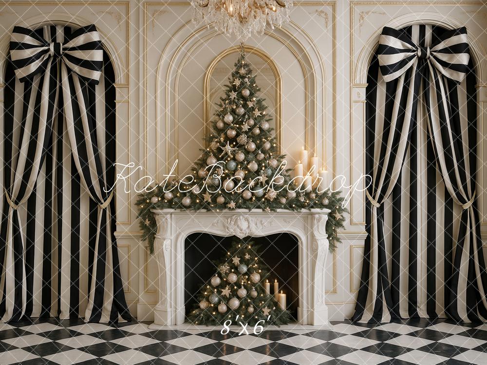 Kate Christmas Tree Fireplace Striped Bows Backdrop Designed by Ashley Paul