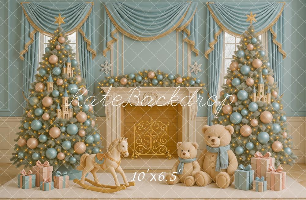 Kate Blue Gold Christmas Trees Fireplace Toys Backdrop Designed by Ashley Paul