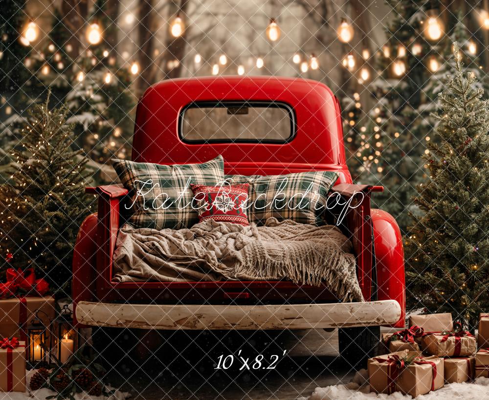 Kate Christmas Red Truck Snowy Trees Presents Backdrop Designed by Emetselch -UK