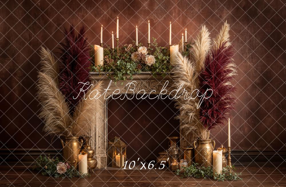 Kate Vintage Fireplace Pampas Candles Burgundy Fleece Backdrop Designed by Emetselch -UK