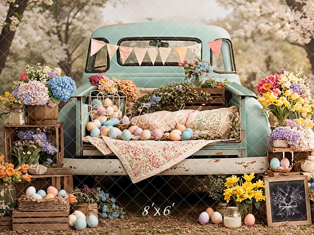 Kate Easter Truck Floral Pastel Eggs Backdrop Designed by Emetselch