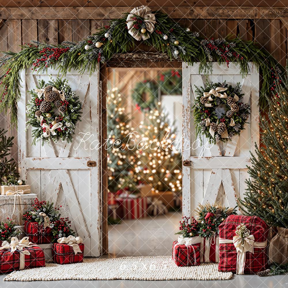 Kate Christmas White Barn Trees Gifts Backdrop Designed by Emetselch -UK
