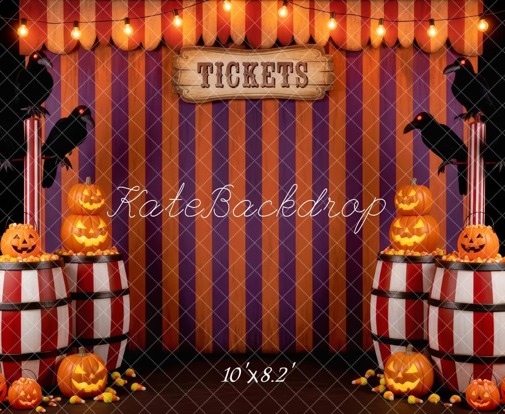 Kate Halloween Circus Striped Barrels Pumpkins Backdrop Designed by Patty Robert