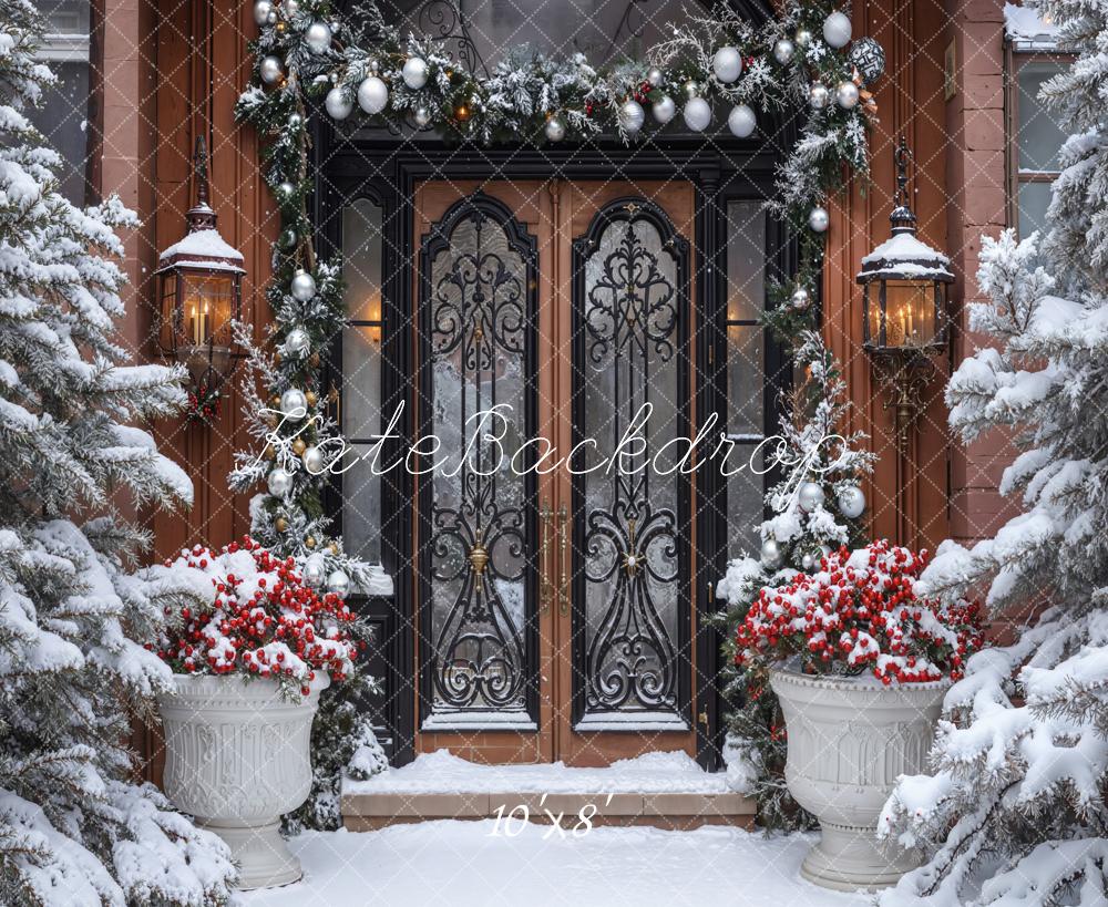 Kate Christmas Snowy Door Garland Lanterns Fleece Backdrop Designed by Emetselch -UK