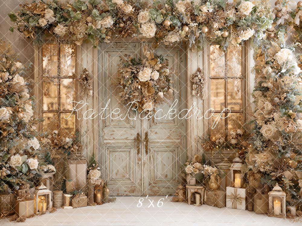 Kate Christmas Floral Garland Vintage Door Lanterns Backdrop Designed by Ashley Paul