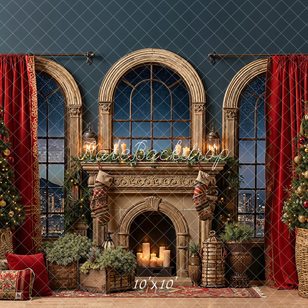 Kate Christmas Fireplace Windows Red Curtains Backdrop Designed by Emetselch