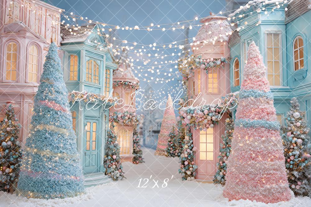 Kate Christmas Pastel Village Trees Backdrop Designed by Ashley Paul