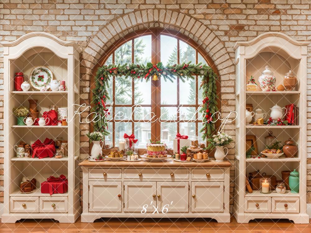 Kate Christmas Cream Vintage Brick Kitchen Backdrop Designed by Emetselch -UK