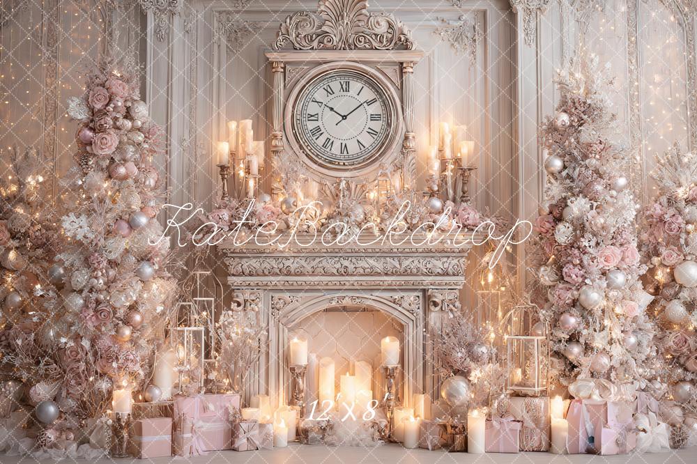 Kate Christmas Clock Fireplace Pink Trees Backdrop Designed by Ashley Paul