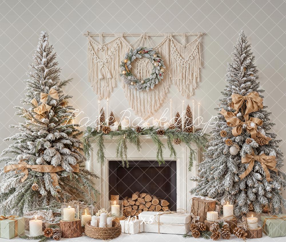 Kate Christmas Fireplace Trees Candles Fleece Backdrop Designed by Emetselch