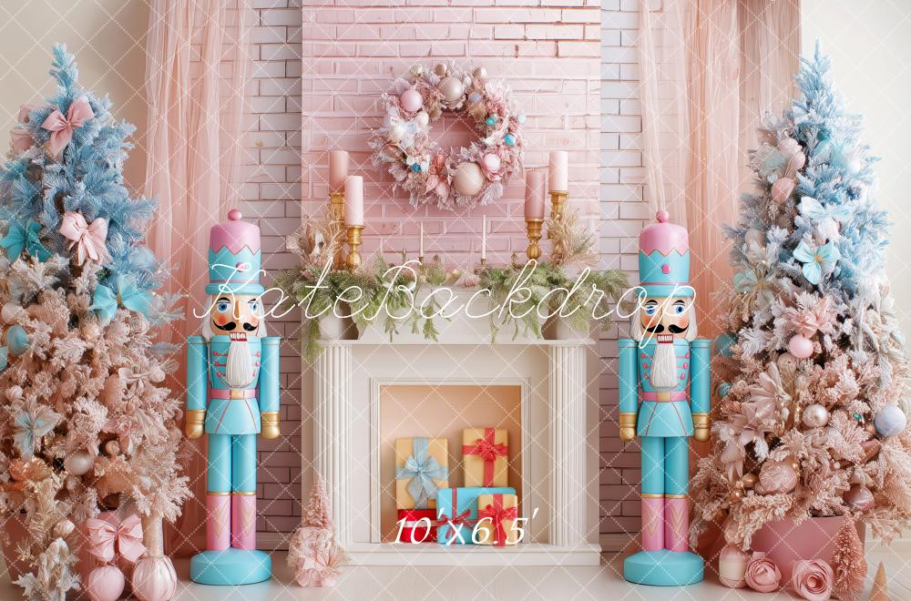Kate Christmas Nutcracker Fireplace Pink Trees Backdrop Designed by Patty Robert -UK