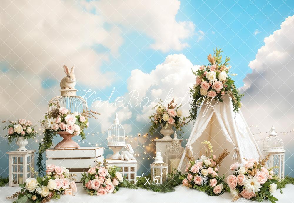 Kate Easter Bunny Tent Floral Clouds Backdrop Designed by Emetselch