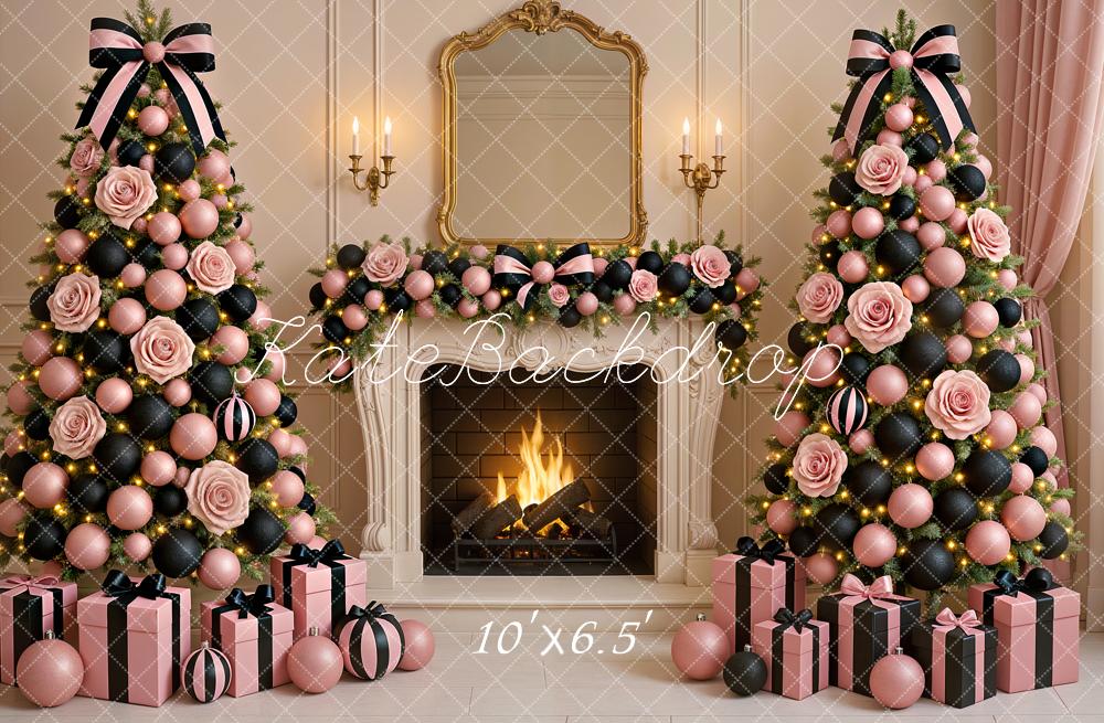 Kate Christmas Pink Black Trees Fireplace Backdrop Designed by Ashley Paul