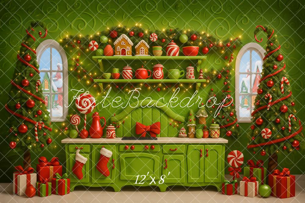 Kate Christmas Green Kitchen Gingerbread Trees Backdrop Designed by Ashley Paul