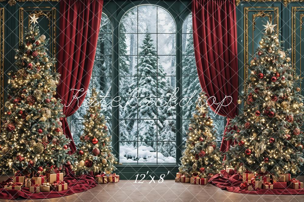 Kate Christmas Trees Window Red Curtains Backdrop Designed by Ashley Paul