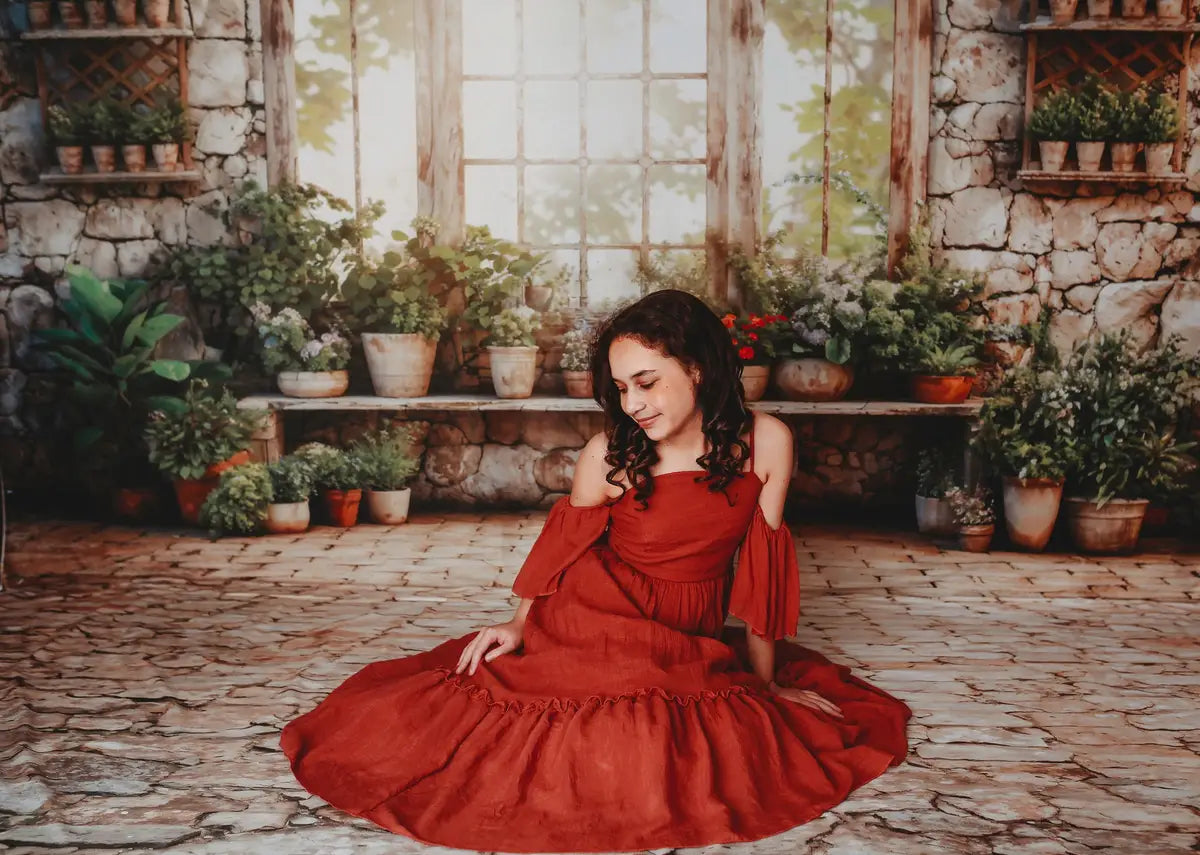 Kate Spring Green Plants Window Backdrop+Rugged Patterned Path Floor Backdrop -UK