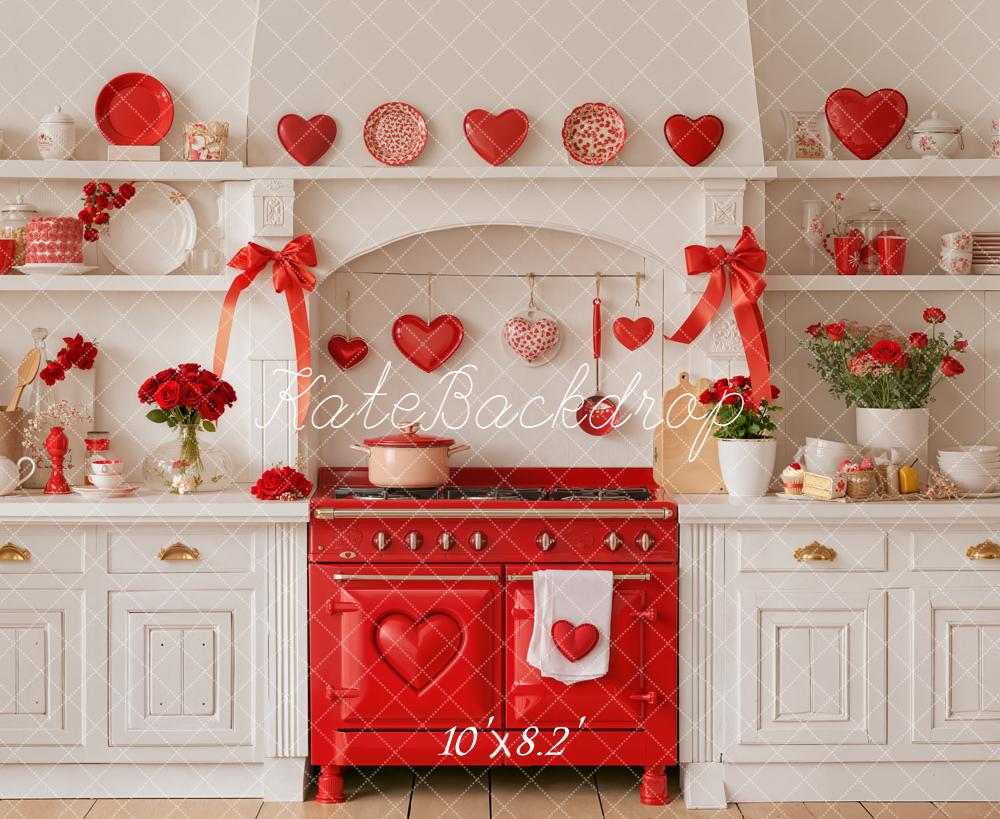 Kate Valentines Kitchen Red Stove Bows Hearts Backdrop Designed by Emetselch