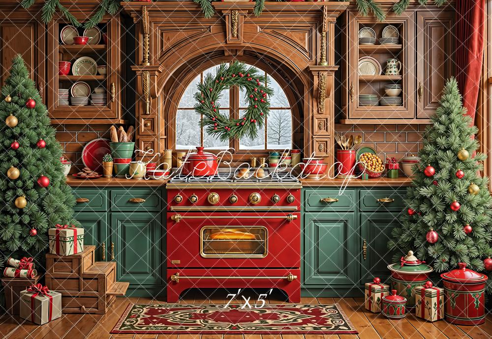 Kate Christmas Kitchen Wreath Decorated Trees Backdrop Designed by Emetselch -UK