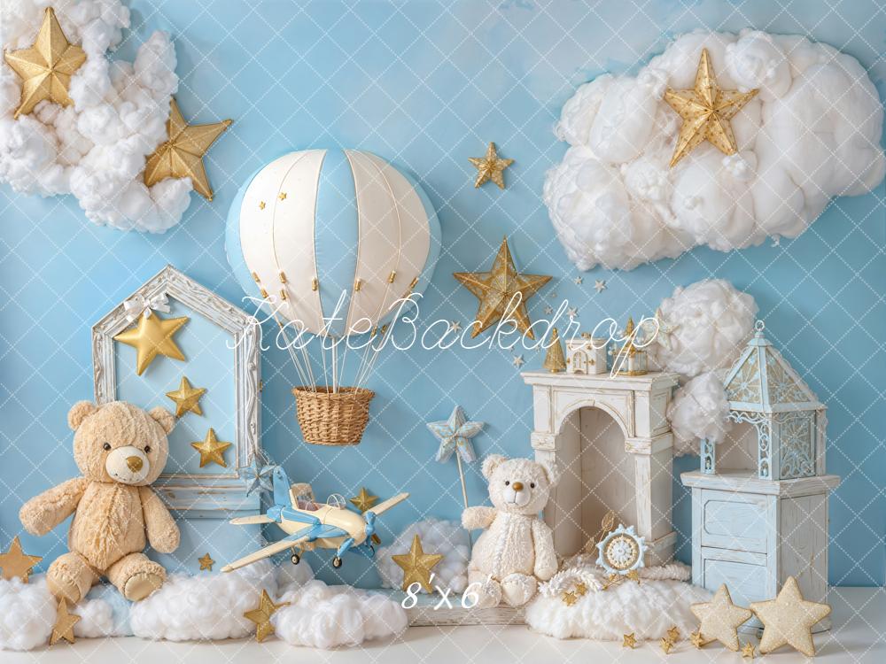 Kate Teddy Bears Hot Air Balloon Stars Clouds Blue Backdrop Designed by Emetselch