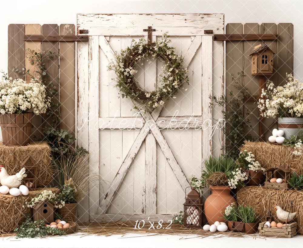 Kate Spring Barn Door Hay Chicken Eggs Flowers Fleece Backdrop Designed by Emetselch -UK