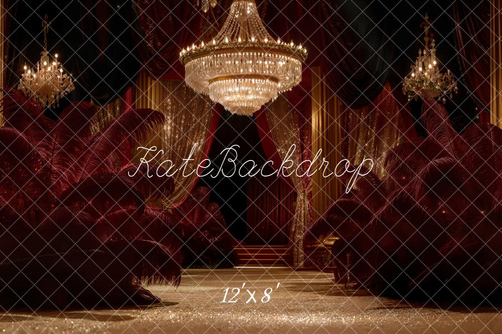 Kate Red Curtains Crystal Chandeliers Feathers Fleece Backdrop Designed by Emetselch -UK