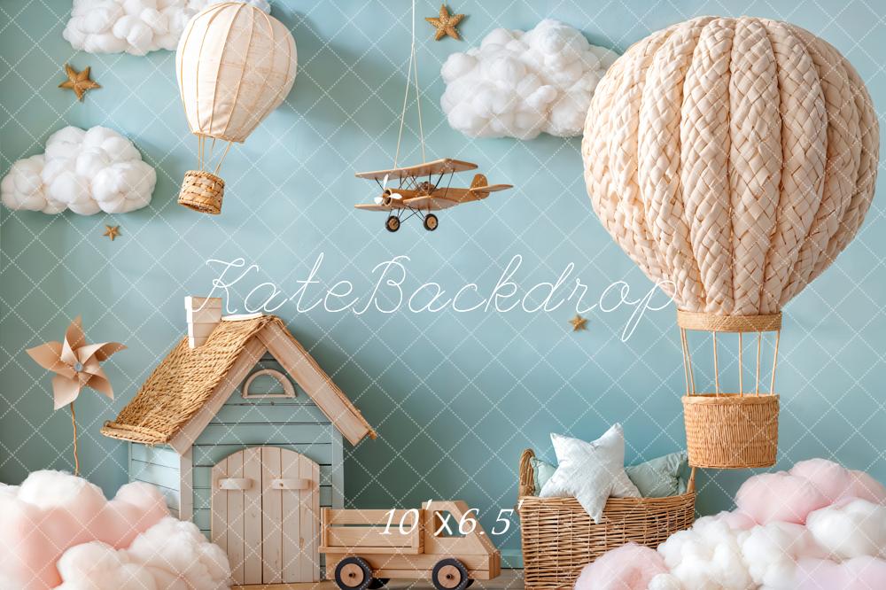 Kate Hot Air Balloon Aeroplane Clouds Fleece Backdrop Designed by Emetselch