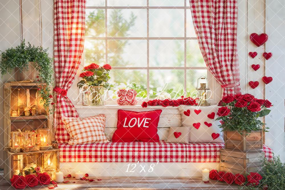 Kate Valentine Window Red Hearts Roses Fleece Backdrop Designed by Emetselch