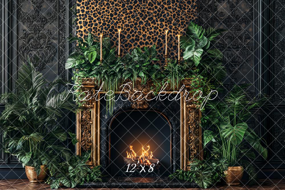 Kate Leopard Fireplace Greenery Backdrop Designed by Ashley Paul