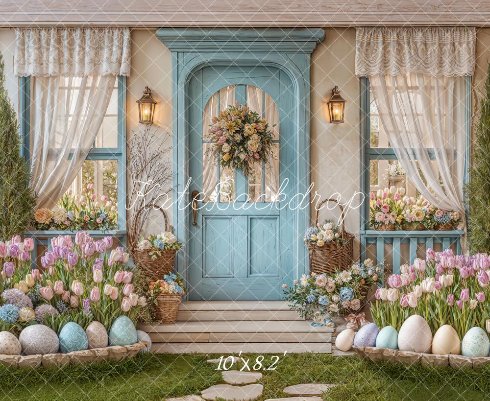 Kate Easter Eggs Pastel Floral Blue Door Backdrop Designed by Emetselch -UK