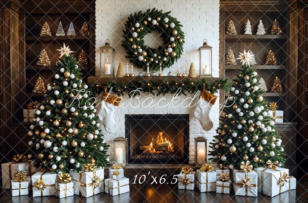 Kate Christmas Tree White Fireplace Gift Boxes Backdrop Designed by Mini MakeBelieve