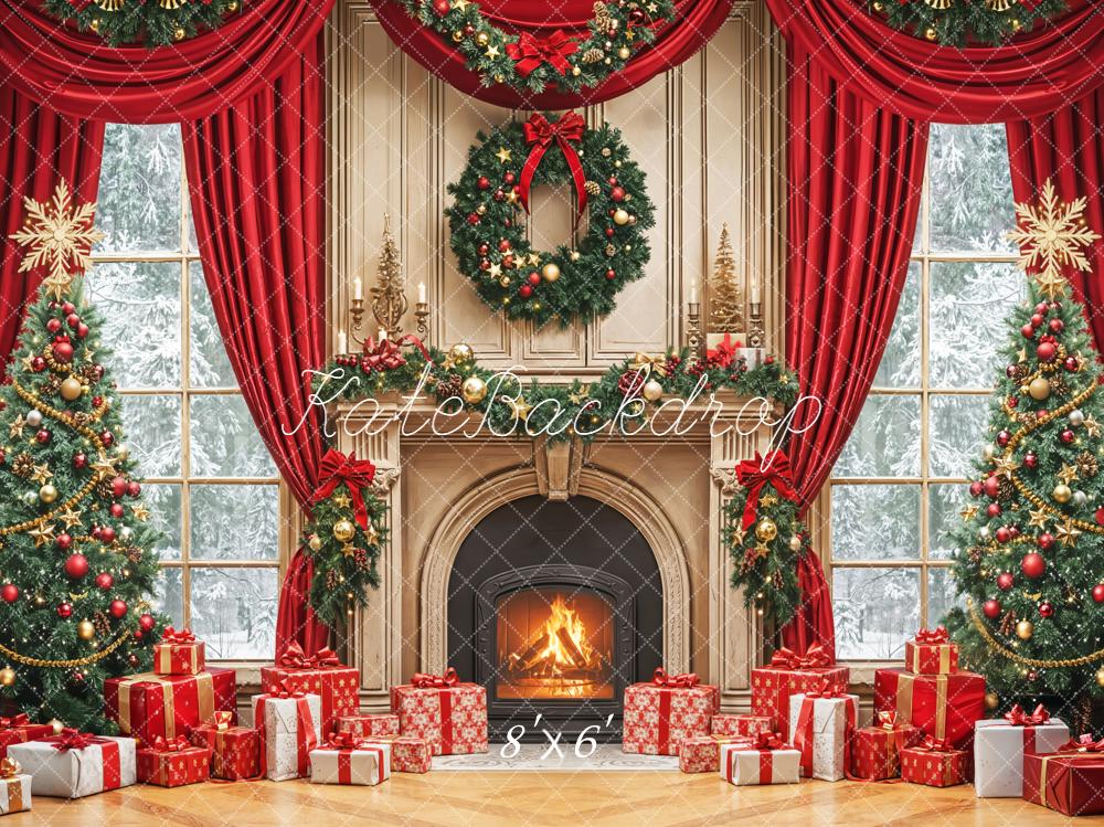 Kate Christmas Fireplace Tree Wreath Red Curtains Backdrop Designed by Emetselch
