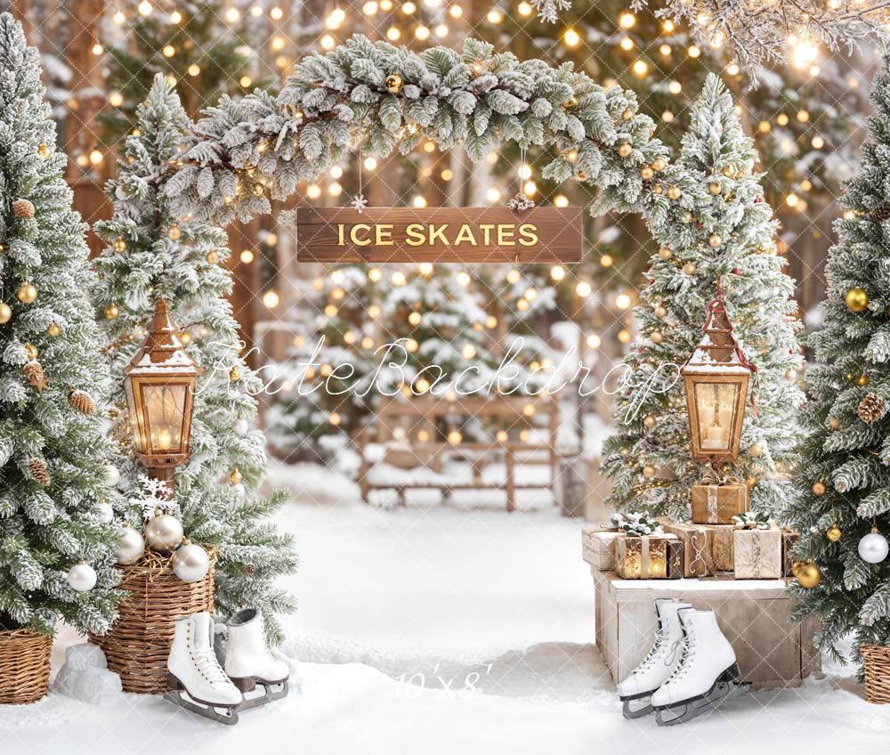 Kate Christmas Ice Skates Snowy Trees Arch Fleece Backdrop Designed by Emetselch -UK