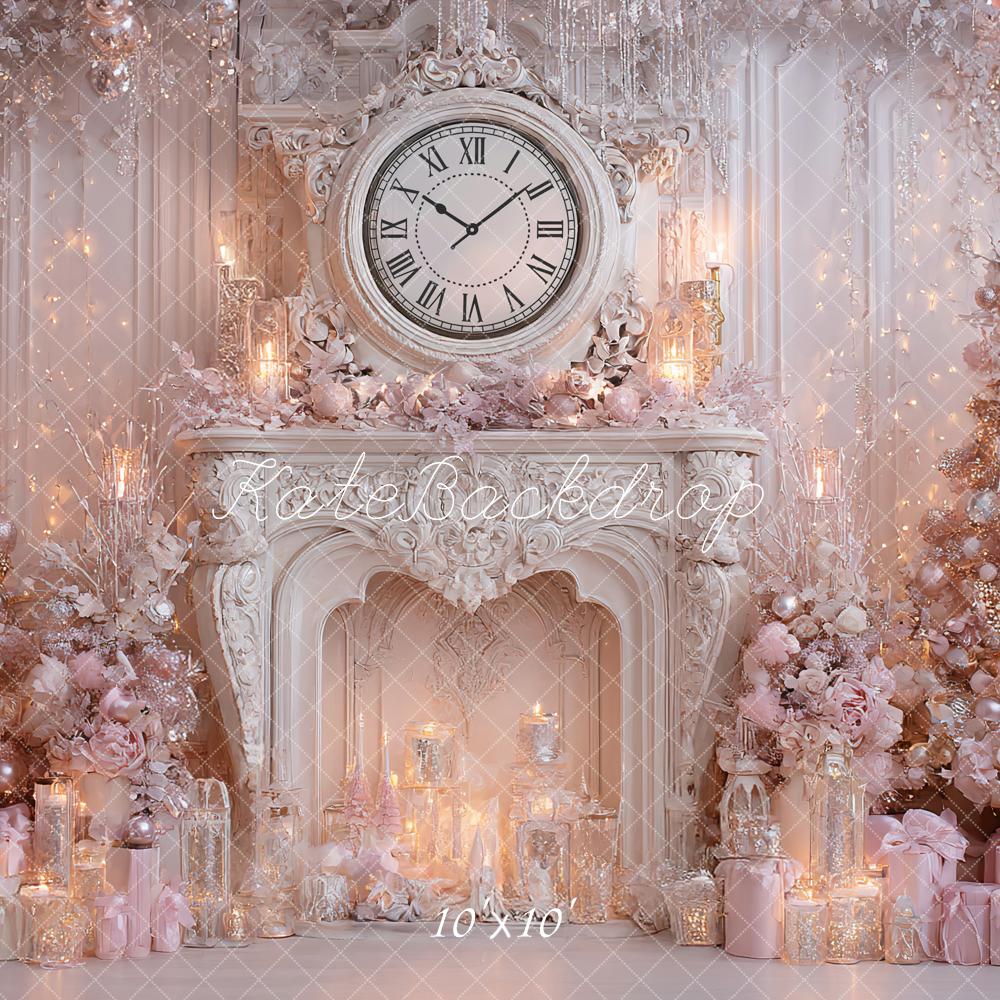 Kate Christmas Pink Fireplace Clock Gifts Backdrop Designed by Ashley Paul