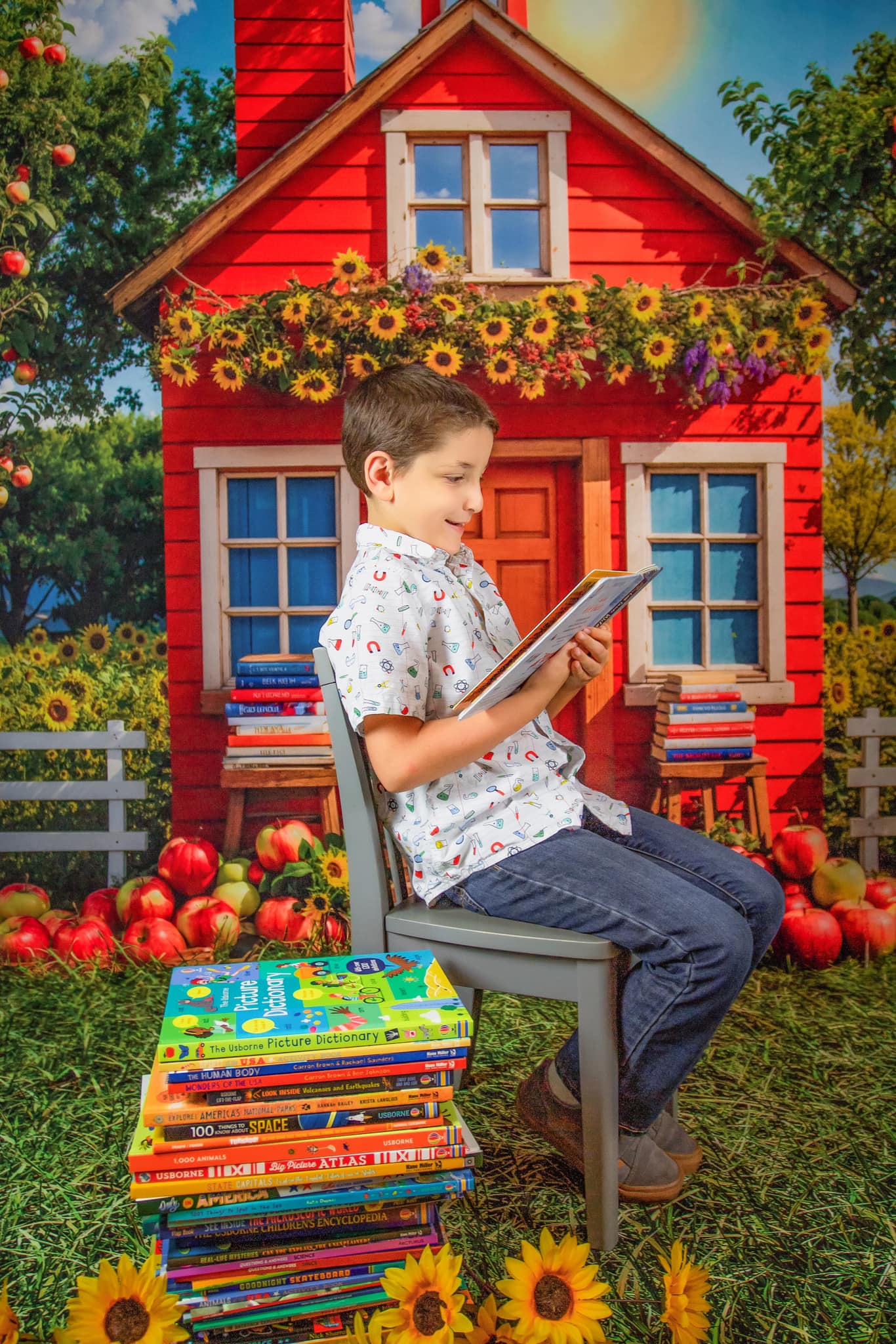 Kate Back to School Sunflower Apple Orchard Red House Backdrop Designed by Chain Photography -UK
