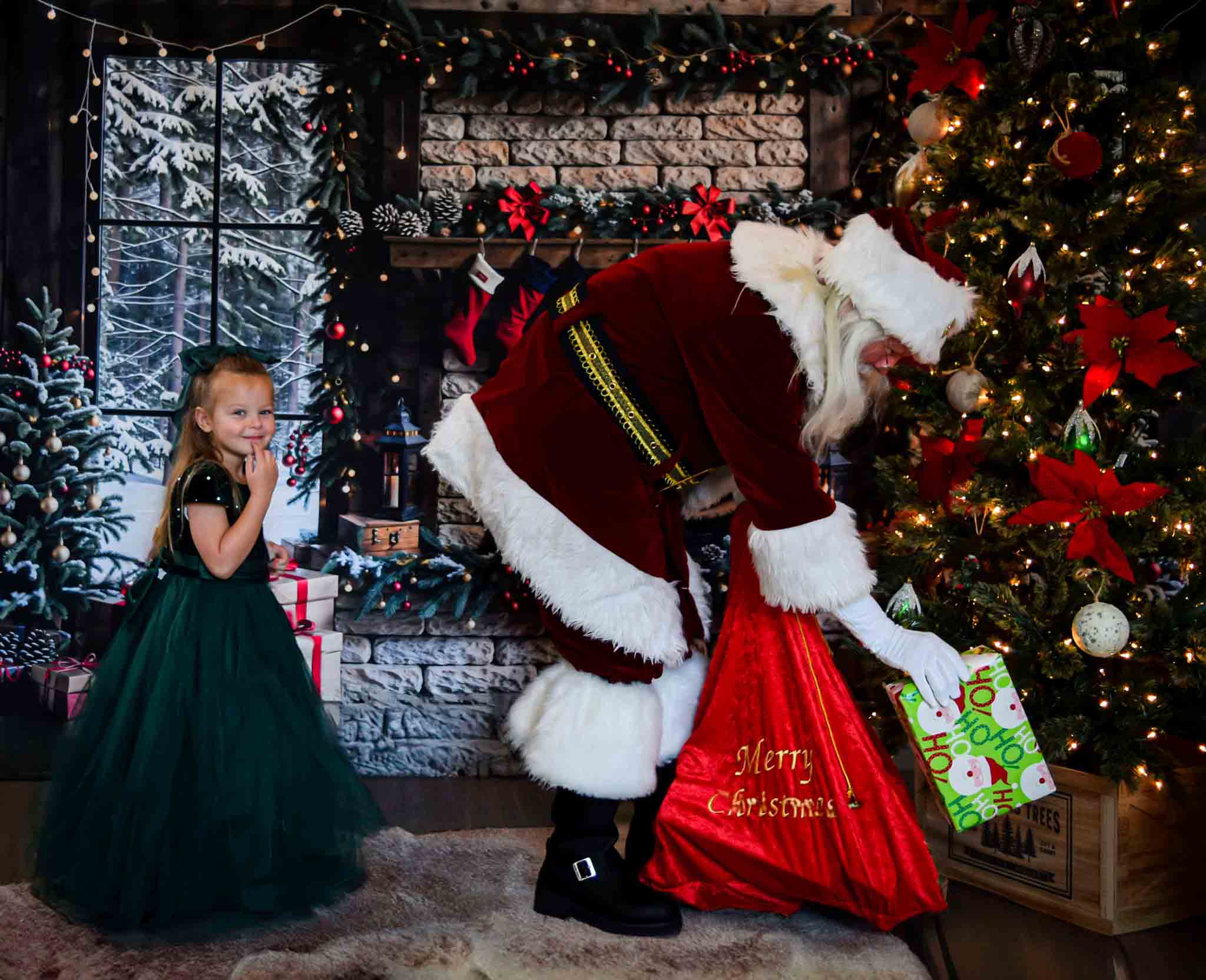 Kate Winter Christmas Brick Fireplace Brown Window Backdrop Designed by Emetselch -UK