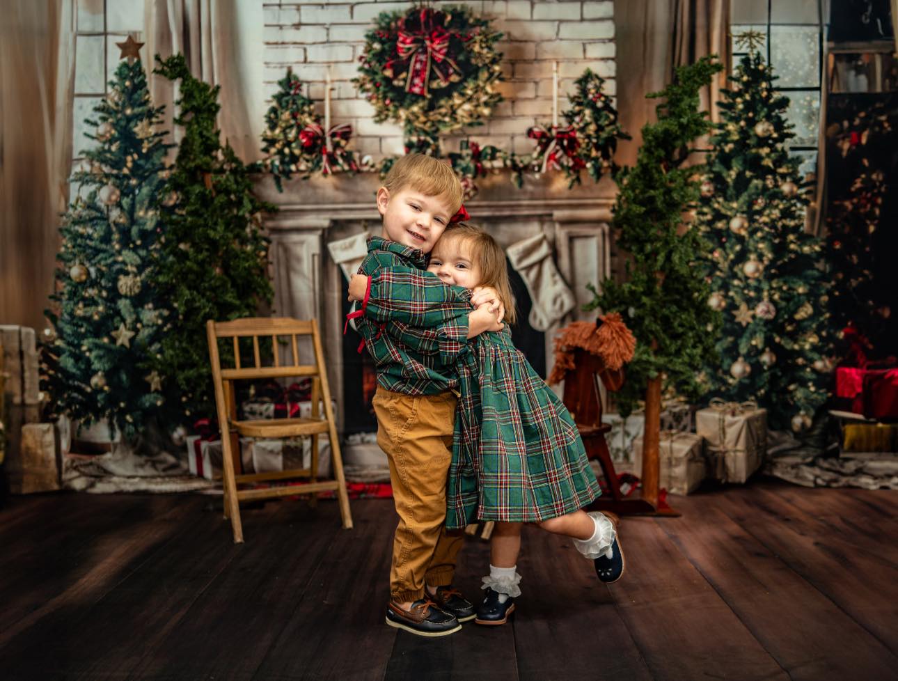 Kate Christmas Tree White Fireplace Backdrop+Dark Brown Wooden Floor Backdrop -UK