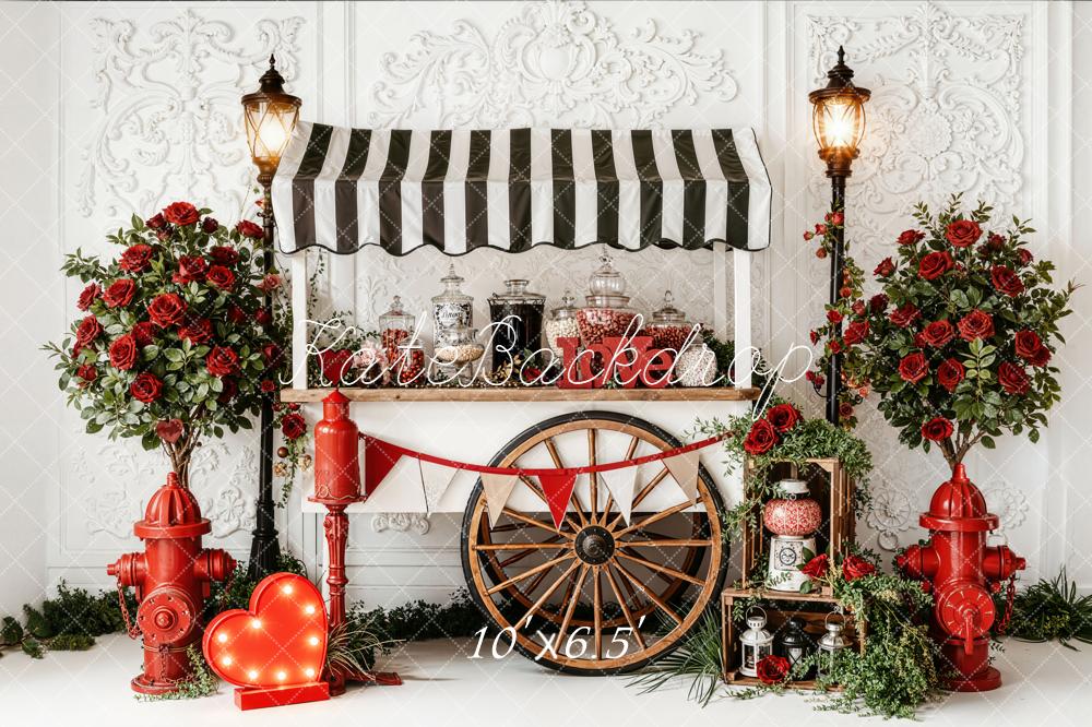 Kate Valentine Candy Cart Fire Hydrant Roses Fleece Backdrop Designed by Emetselch -UK