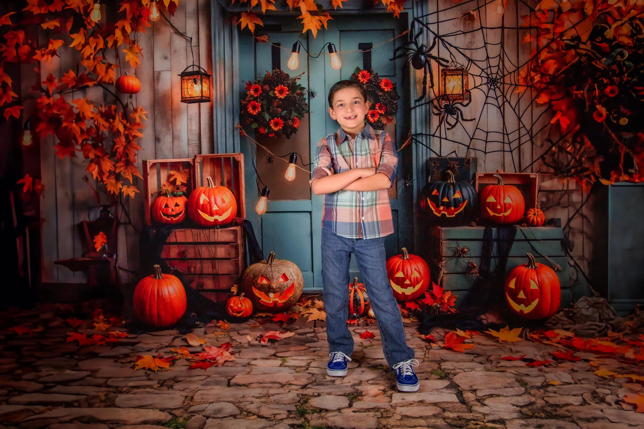 Kate Halloween Pumpkin Maple Blue Door Backdrop Designed by Emetselch -UK